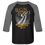 Black and gray Bon Jovi raglan shirt with “Slippery When Wet World Tour 86-87” text and retro road graphic.