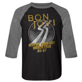 Black and gray Bon Jovi raglan shirt with “Slippery When Wet World Tour 86-87” text and retro road graphic.