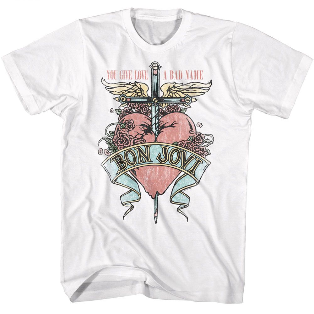 White Bon Jovi T-shirt featuring the “You Give Love a Bad Name” heart and dagger design with wings and banner logo.