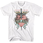 White Bon Jovi T-shirt featuring the “You Give Love a Bad Name” heart and dagger design with wings and banner logo.