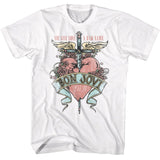 White Bon Jovi T-shirt featuring the “You Give Love a Bad Name” heart and dagger design with wings and banner logo.