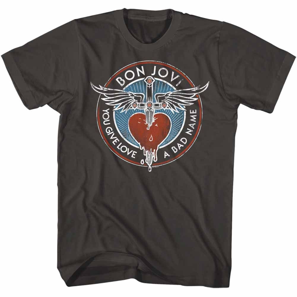Charcoal Bon Jovi T-shirt featuring the band’s winged heart and dagger logo with “You Give Love a Bad Name” text in a circular design.