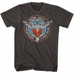 Charcoal Bon Jovi T-shirt featuring the band’s winged heart and dagger logo with “You Give Love a Bad Name” text in a circular design.
