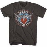 Charcoal Bon Jovi T-shirt featuring the band’s winged heart and dagger logo with “You Give Love a Bad Name” text in a circular design.