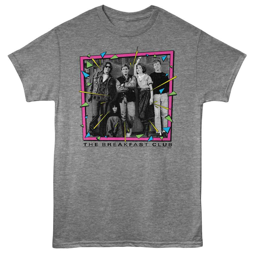 Heather grey T-shirt featuring a black-and-white image of The Breakfast Club cast inside a pink, teal, and yellow 80s-style geometric frame with “The Breakfast Club” text below.
