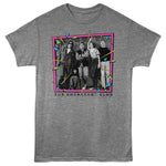 Heather grey T-shirt featuring a black-and-white image of The Breakfast Club cast inside a pink, teal, and yellow 80s-style geometric frame with “The Breakfast Club” text below.