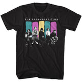 Black T-shirt featuring a black-and-white image of The Breakfast Club cast sitting in a row, backed by teal, yellow, and magenta color-block brushstrokes with “The Breakfast Club” above.