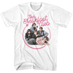 White T-shirt featuring the main cast of The Breakfast Club inside a pink circle outline with a retro pink script logo reading “The Breakfast Club.”