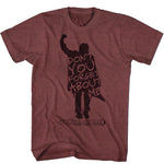 Red heather T-shirt featuring a dark silhouette of John Bender raising his fist with the text “Don’t You Forget About Me” integrated into the shape, and “The Breakfast Club” beneath it.