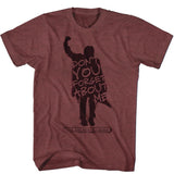Red heather T-shirt featuring a dark silhouette of John Bender raising his fist with the text “Don’t You Forget About Me” integrated into the shape, and “The Breakfast Club” beneath it.