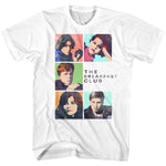 White T-shirt featuring a six-panel pop-art grid of The Breakfast Club cast in colorful blocks with “The Breakfast Club” text to the right.