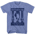 Heather blue T-shirt featuring a distressed navy graphic of Shermer High School Detention with a silhouette of John Bender raising his fist, the year 1984, and references to The Breakfast Club.