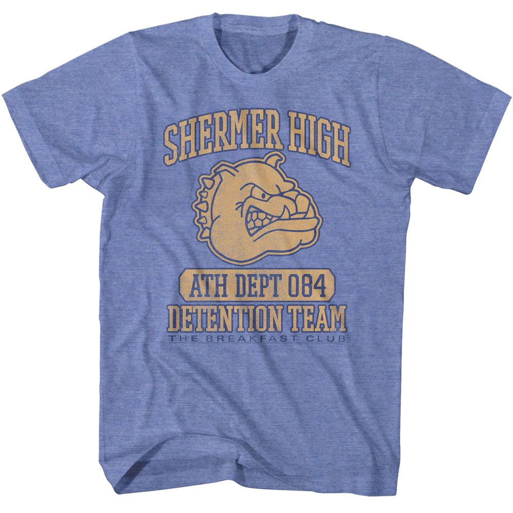 Heather blue T-shirt featuring a distressed gold graphic of a bulldog mascot with the text “Shermer High,” “ATH DEPT 084,” and “Detention Team,” referencing The Breakfast Club.