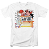 White Looney Tunes T-shirt featuring Bugs Bunny and friends gathered around a piano with musical notes and classic artwork