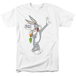 Bugs Bunny holding a carrot and waving with a speech bubble that says “What’s up Doc?” on a white T-shirt