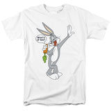 Bugs Bunny holding a carrot and waving with a speech bubble that says “What’s up Doc?” on a white T-shirt
