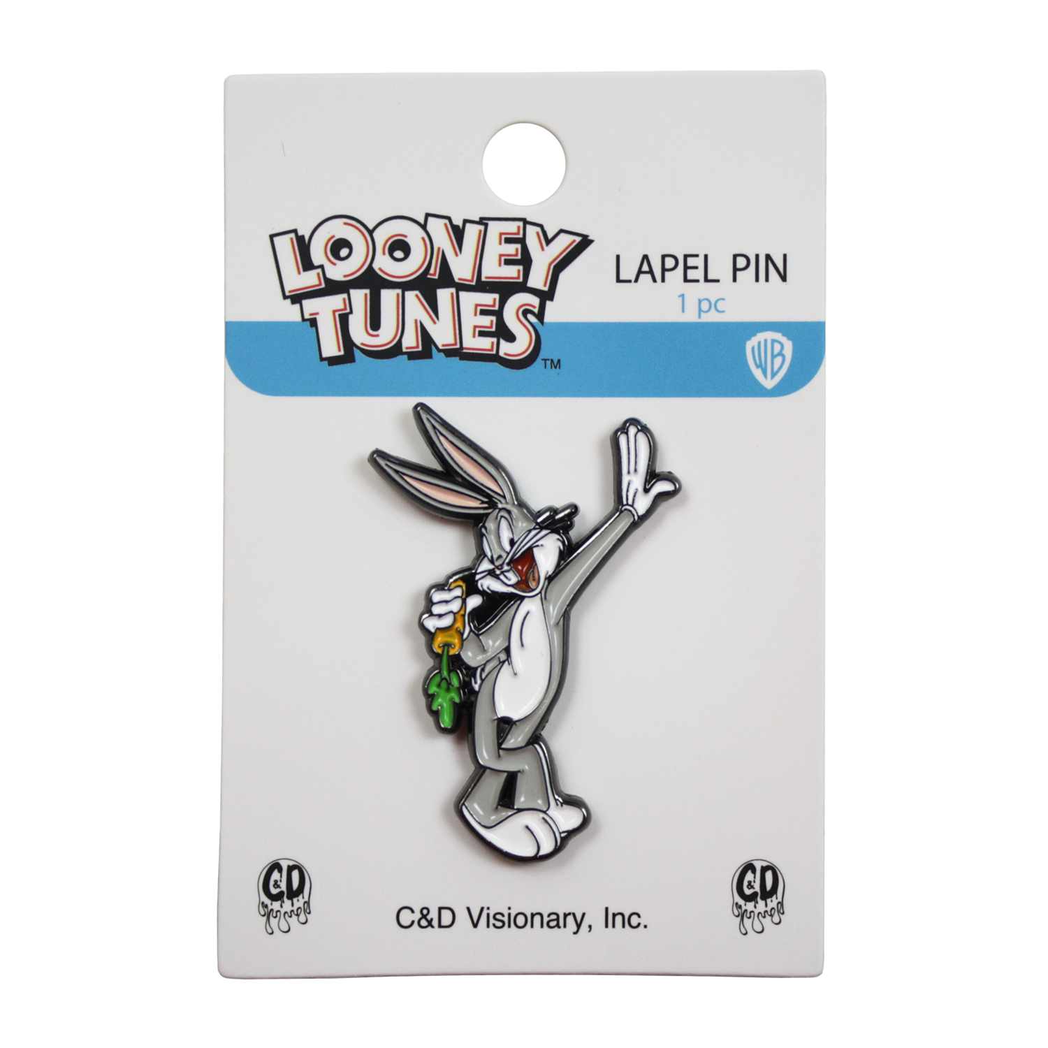 A Looney Tunes Bugs Bunny lapel pin mounted on a white retail card. The pin shows Bugs Bunny in silver and white with black outlines, holding a green carrot, with a blue Looney Tunes banner at the top of the card.