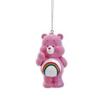 Pink Care Bears ornament featuring Cheer Bear with a rainbow belly, hanging by a silver string.