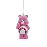Pink Care Bears ornament featuring Cheer Bear with a rainbow belly, hanging by a silver string.