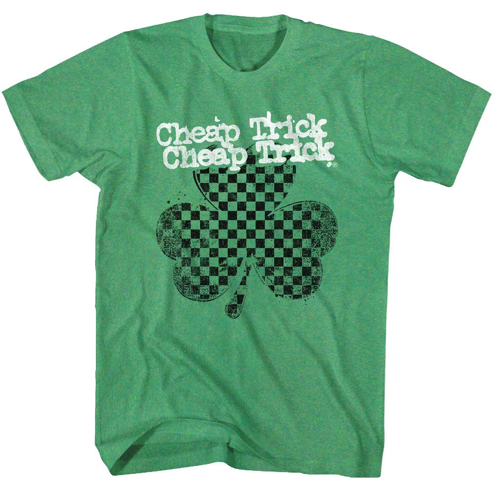Green Cheap Trick T-shirt featuring a distressed checkerboard shamrock graphic with Cheap Trick text above
