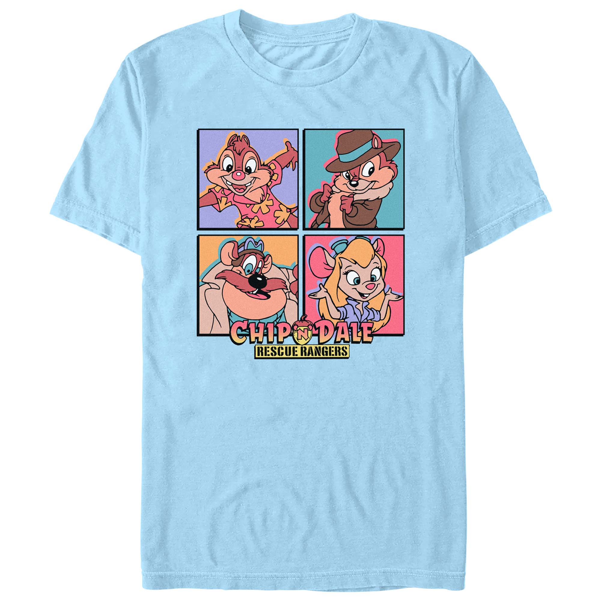 Chip ’n Dale Rescue Rangers T-shirt featuring Chip, Dale, Monterey Jack, and Gadget in colorful retro character panels