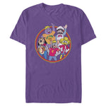Purple Chuck E. Cheese T-Shirt featuring Chuck E. Cheese and the classic Pizza Time Players character lineup in a colorful vintage group illustration