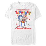 White Chuck E. Cheese T-Shirt featuring Chuck E. popping out of a birthday gift with the phrase "I Celebrated My Birthday with Chuck E. Cheese"