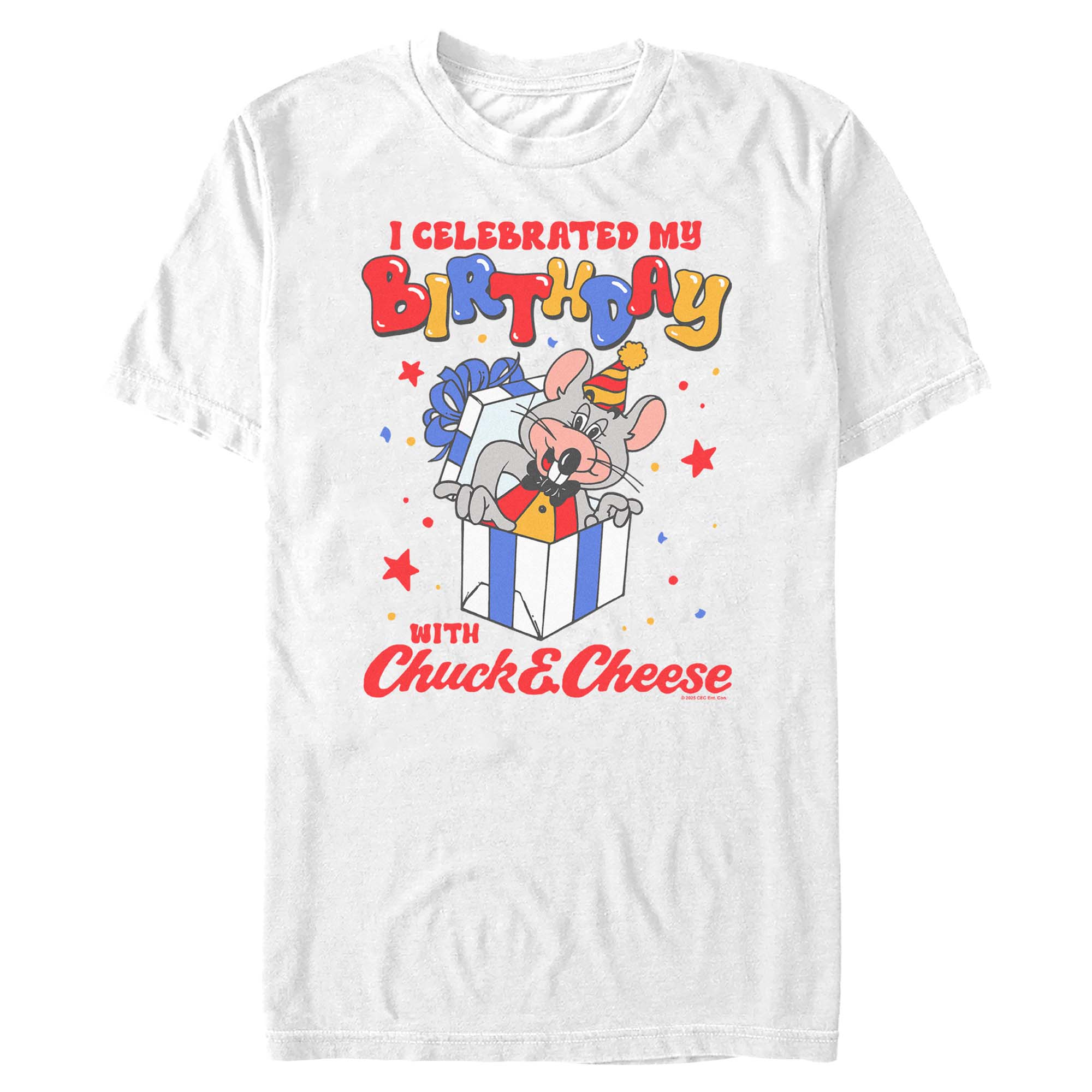 White Chuck E. Cheese T-Shirt featuring Chuck E. popping out of a birthday gift with the phrase "I Celebrated My Birthday with Chuck E. Cheese"