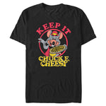 Black Chuck E. Cheese T-Shirt featuring Chuck E. holding a pizza with the "Keep It Chuck E. Cheesy!" slogan in distressed vintage graphics