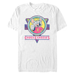White Chuck E. Cheese T-Shirt featuring the classic Chuck E. mascot giving a thumbs up inside a colorful retro logo design