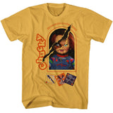 Yellow T-shirt featuring Chucky from Child’s Play with a torn design revealing his sinister face and retro “Good Guys” toy packaging