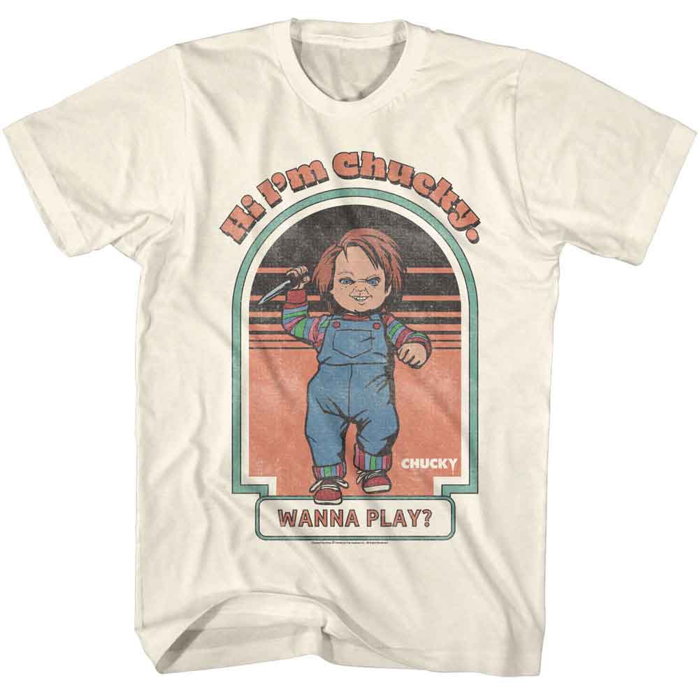 White Chucky T-shirt featuring a retro-style print of the killer doll holding a knife with the text “Hi, I’m Chucky. Wanna Play?”.