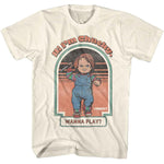 White Chucky T-shirt featuring a retro-style print of the killer doll holding a knife with the text “Hi, I’m Chucky. Wanna Play?”.