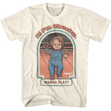 White Chucky T-shirt featuring a retro-style print of the killer doll holding a knife with the text “Hi, I’m Chucky. Wanna Play?”.