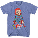 Blue T-shirt featuring a cartoon-style Chucky doll with the text “Wanna Play?” and playful tool illustrations.

Product Title: