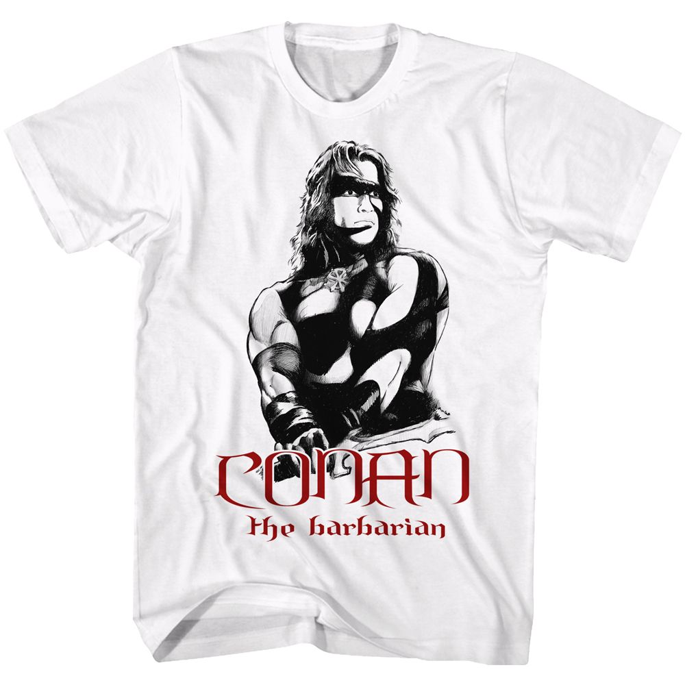 Conan the Barbarian T-shirt featuring black-and-white warrior artwork with classic fantasy styling