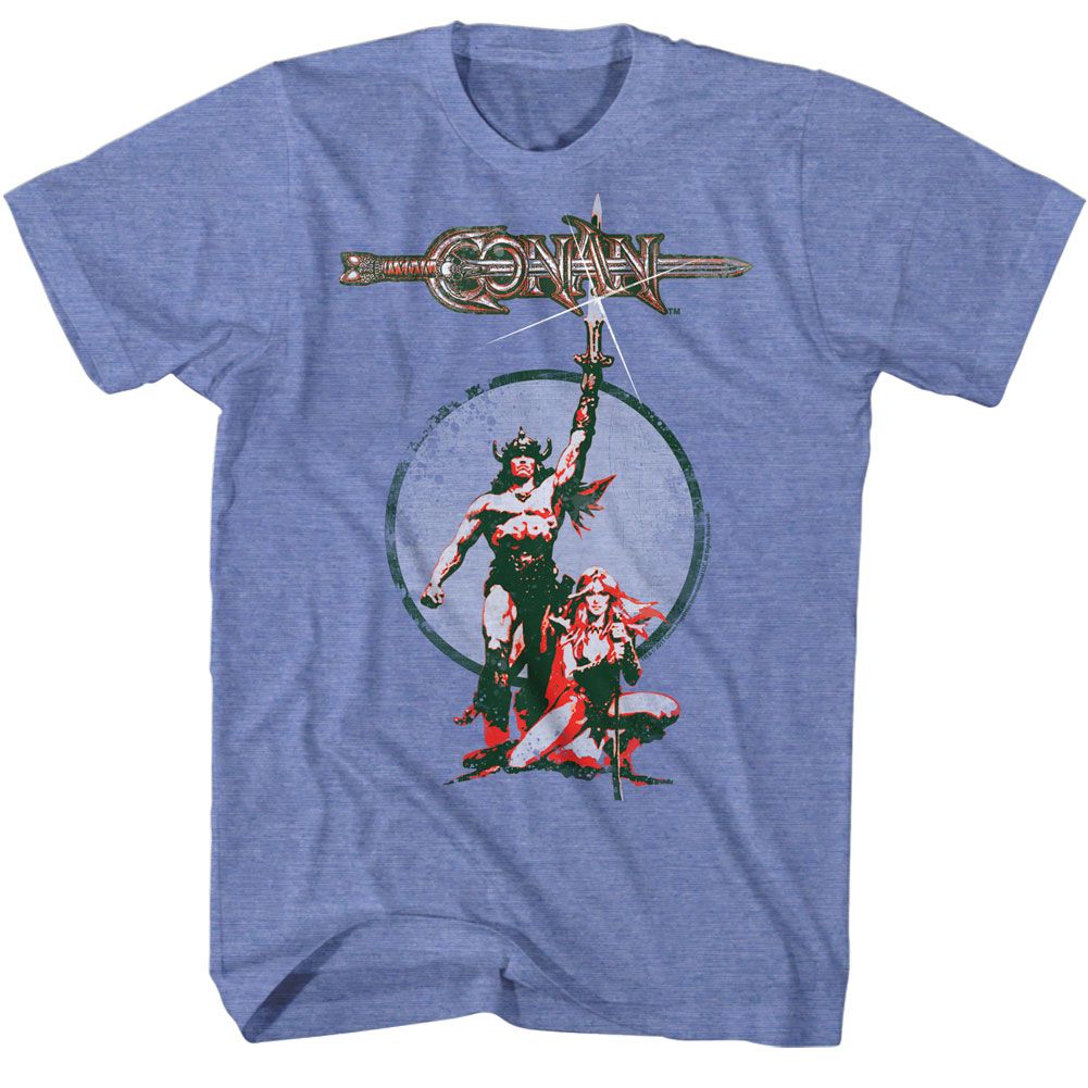 Conan T-shirt featuring retro fantasy artwork of Conan holding a sword with vintage distressed styling