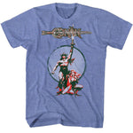 Conan T-shirt featuring retro fantasy artwork of Conan holding a sword with vintage distressed styling