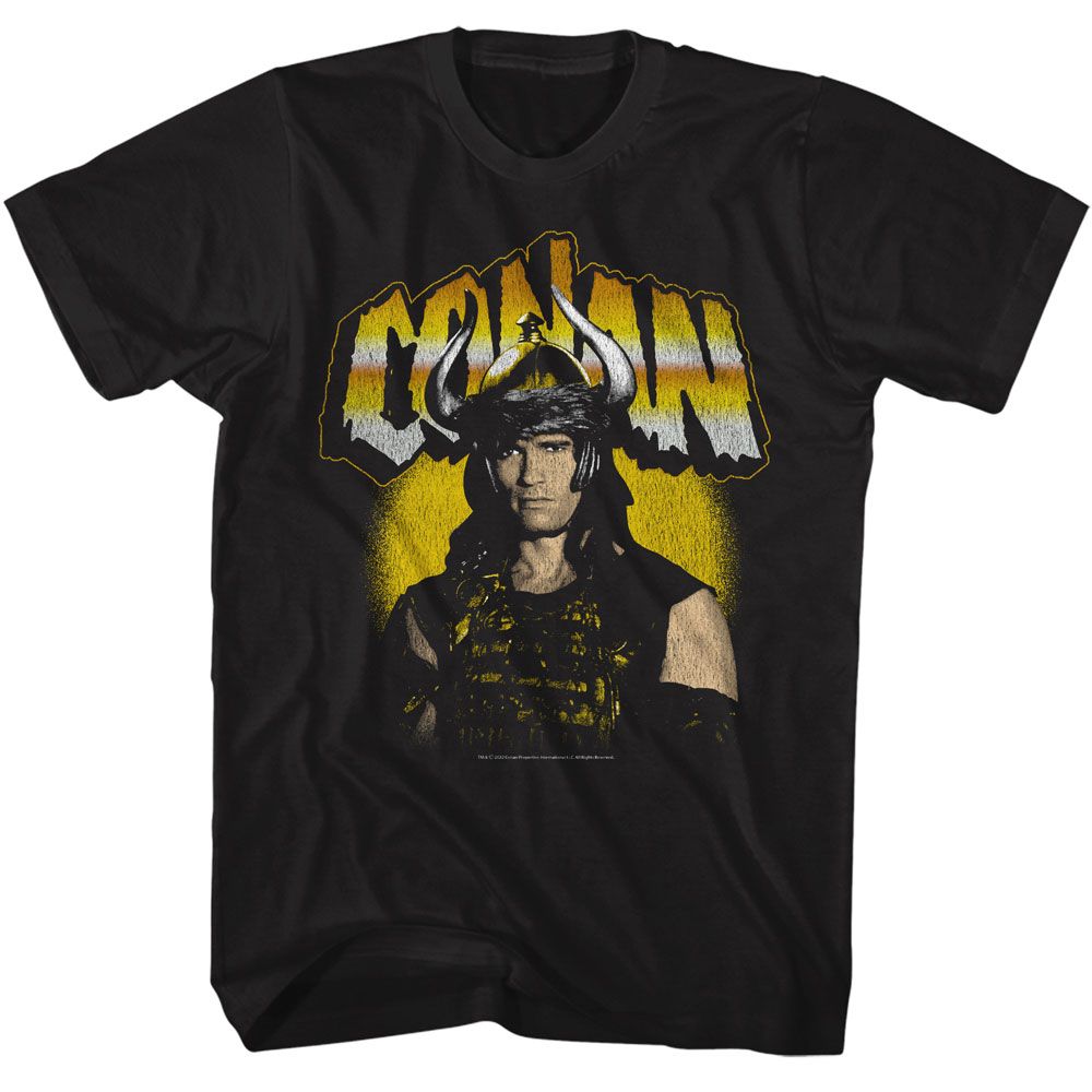 Conan T-shirt featuring warrior portrait artwork with horned helmet and retro distressed design