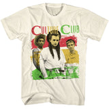 Cream T-shirt featuring a vintage Culture Club band photo with distressed red, yellow, and green paint stripe design.