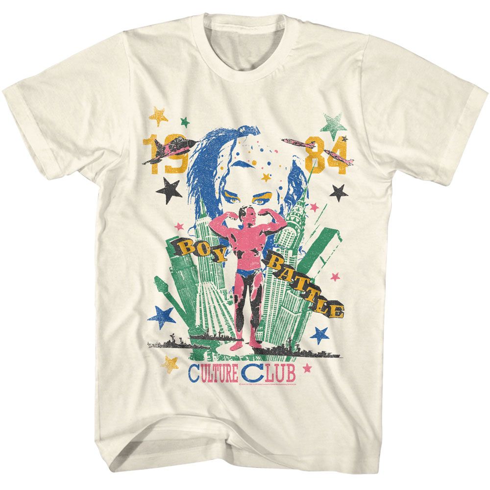 Cream Culture Club T-shirt featuring a colorful 1984 Boy George “Boy Battle” retro graphic with stars and city skyline.