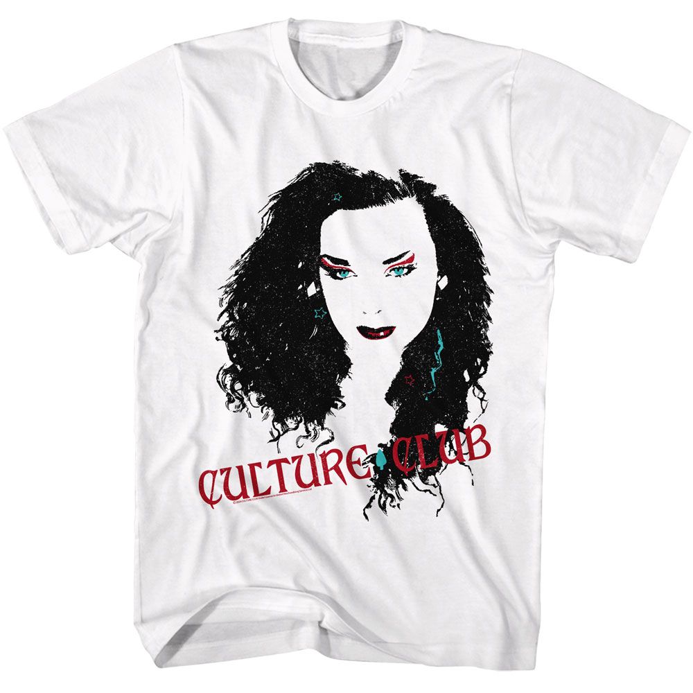 White Culture Club T-shirt featuring a stylized Boy George portrait with bold makeup accents and red Culture Club lettering.