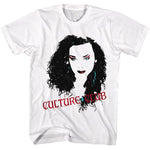 White Culture Club T-shirt featuring a stylized Boy George portrait with bold makeup accents and red Culture Club lettering.