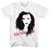 White Culture Club T-shirt featuring a stylized Boy George portrait with bold makeup accents and red Culture Club lettering.