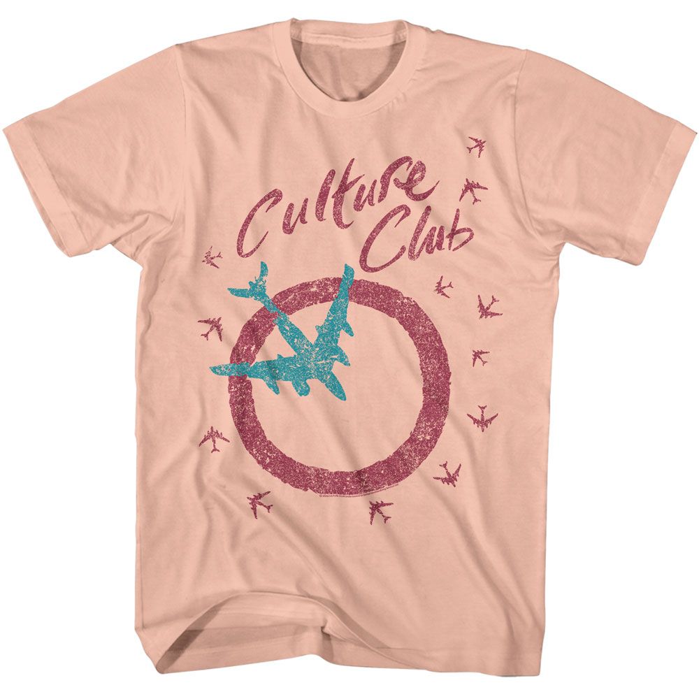 Light pink T-shirt featuring “Culture Club” text with distressed airplane circle graphic in teal and purple.