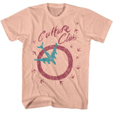 Light pink T-shirt featuring “Culture Club” text with distressed airplane circle graphic in teal and purple.