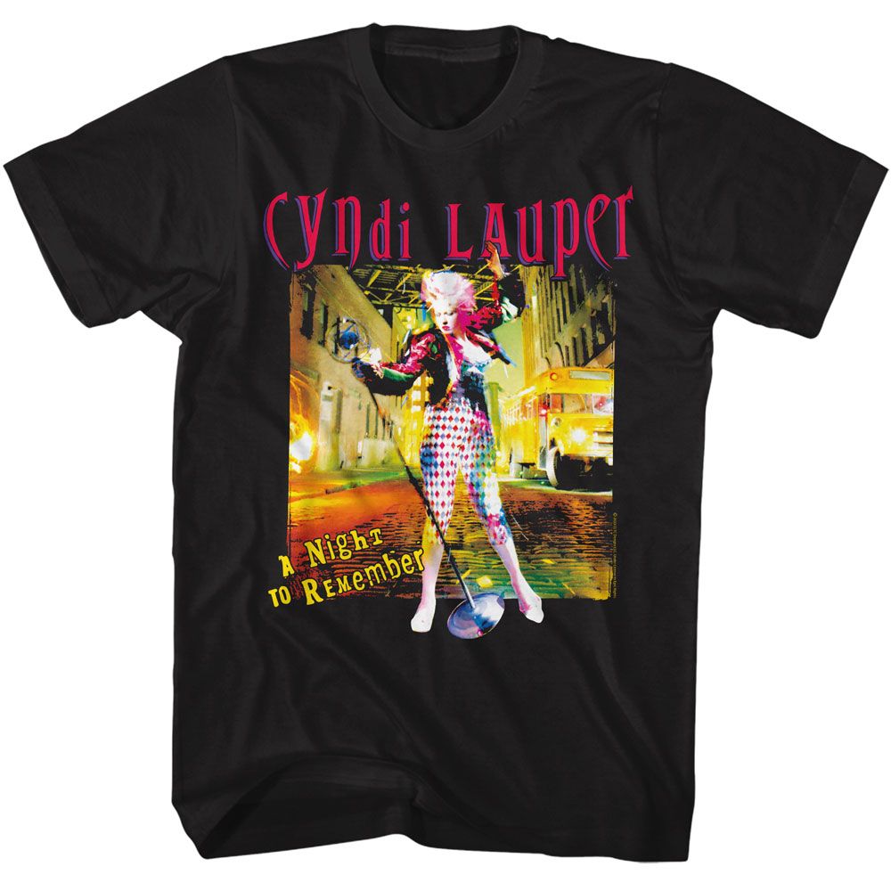 Black T-shirt featuring Cyndi Lauper in a colorful street scene with “A Night To Remember” text.