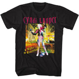 Black T-shirt featuring Cyndi Lauper in a colorful street scene with “A Night To Remember” text.