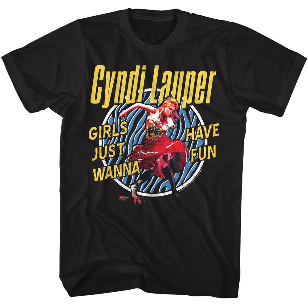 Black T-shirt featuring Cyndi Lauper with “Girls Just Wanna Have Fun” text and a zebra stripe circle background.
