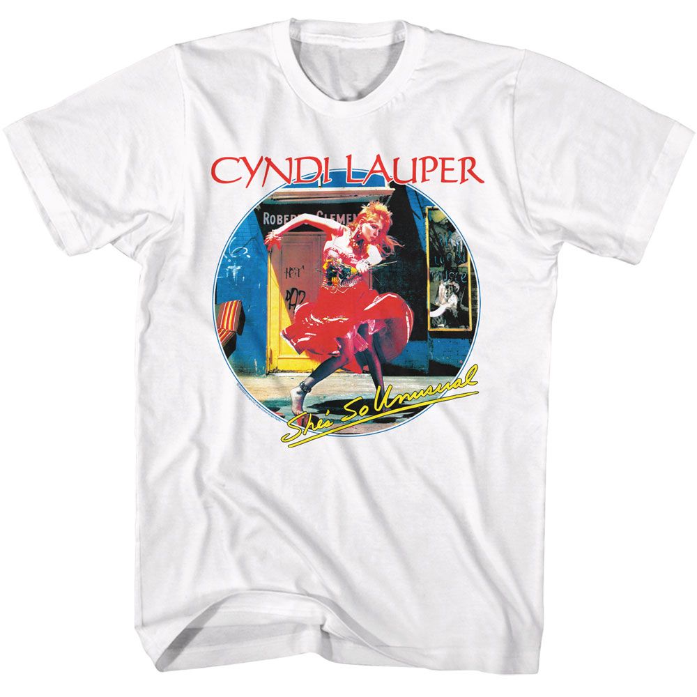 White T-shirt featuring a circular Cyndi Lauper “She’s So Unusual” album cover design with red lettering.